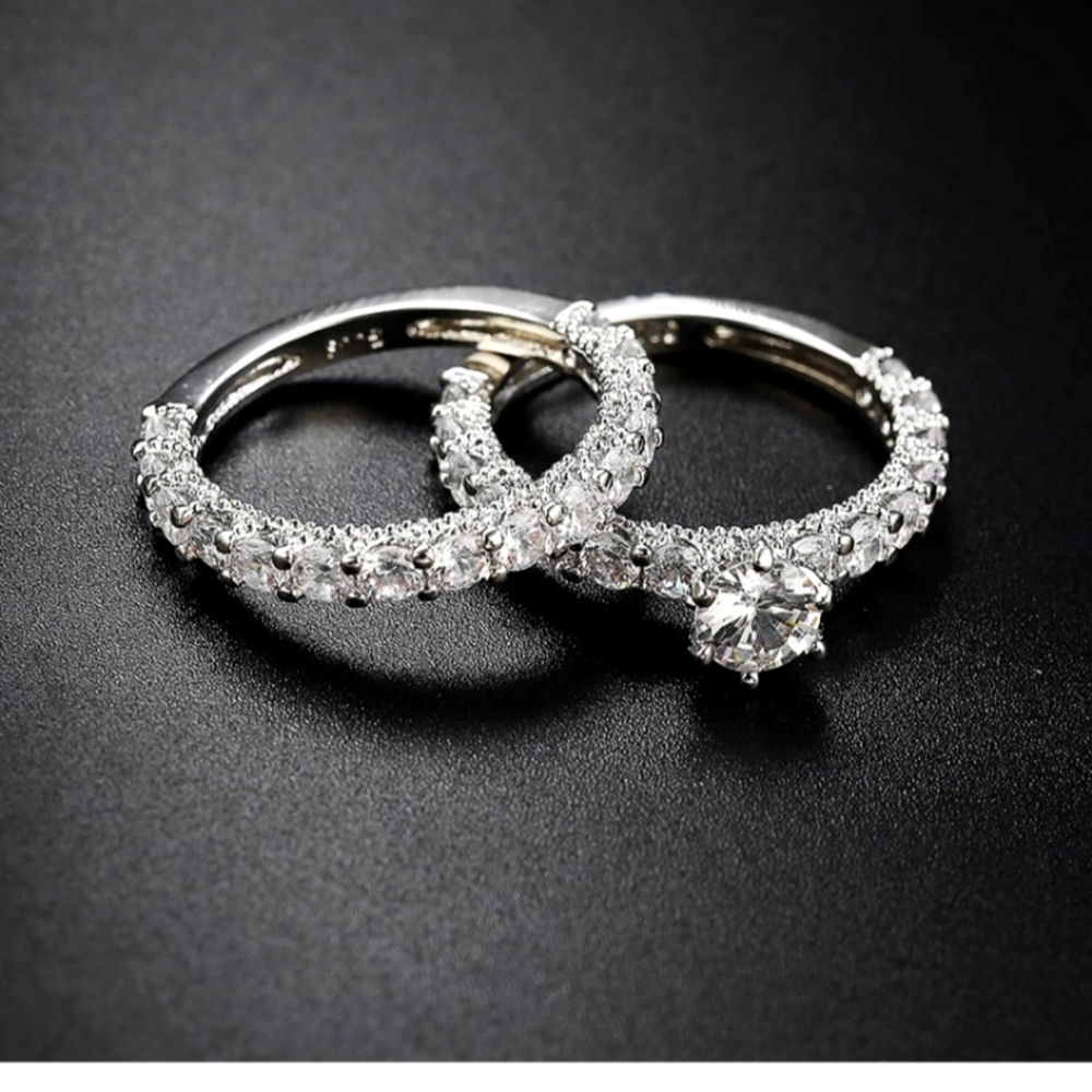 CZ Ring Wedding Ring Set Sterling Silver Size 7